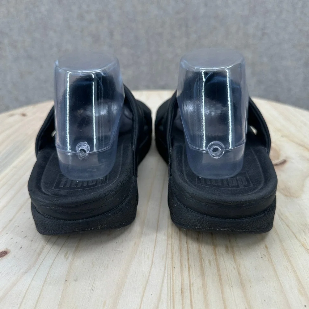 FitFlop Freeway Pool Slides Mens 8 Black Leather Comfort Sandals